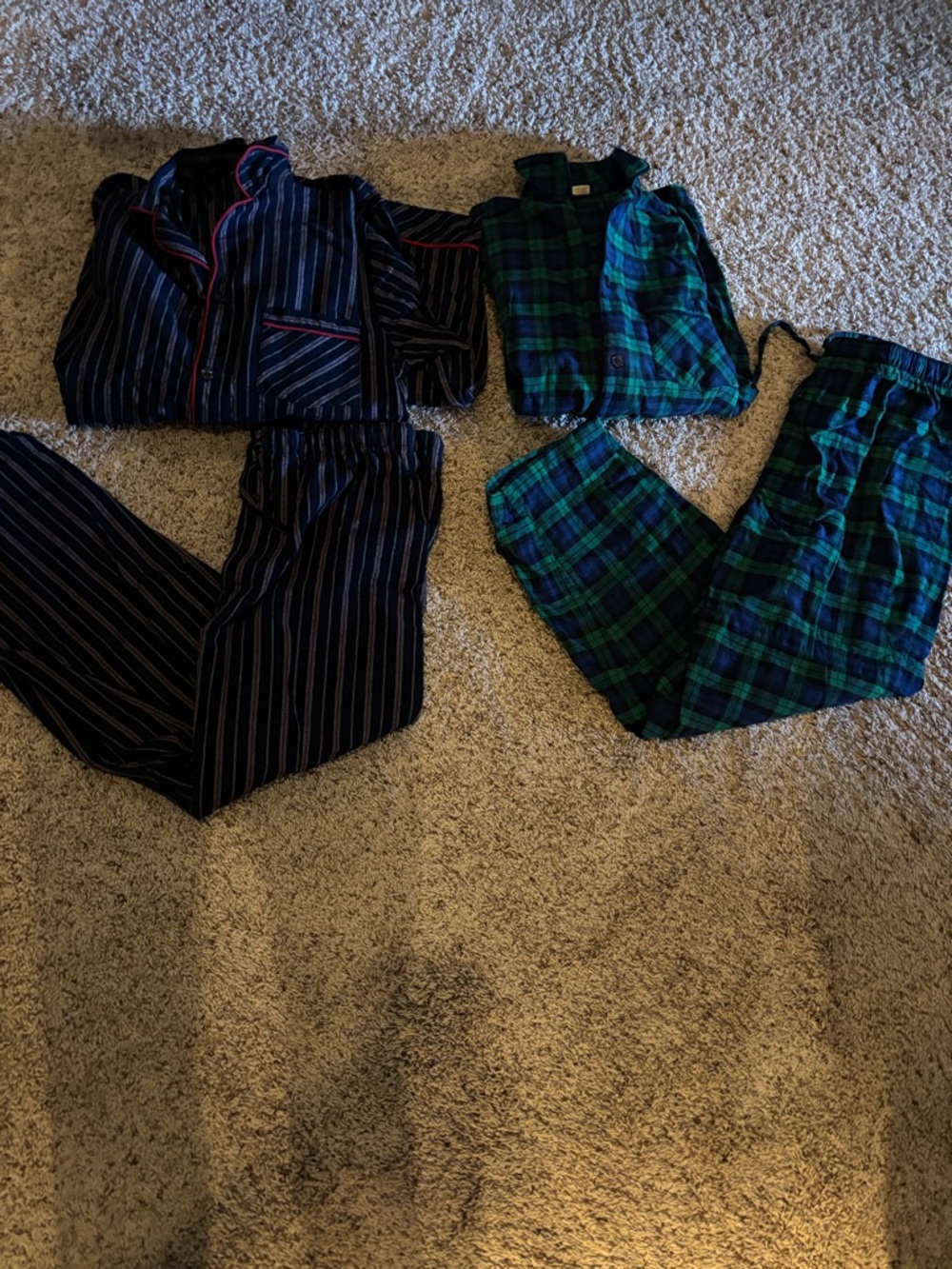 Two-Piece Men's Pajama Sets - Navy Stripe & Green Plaid